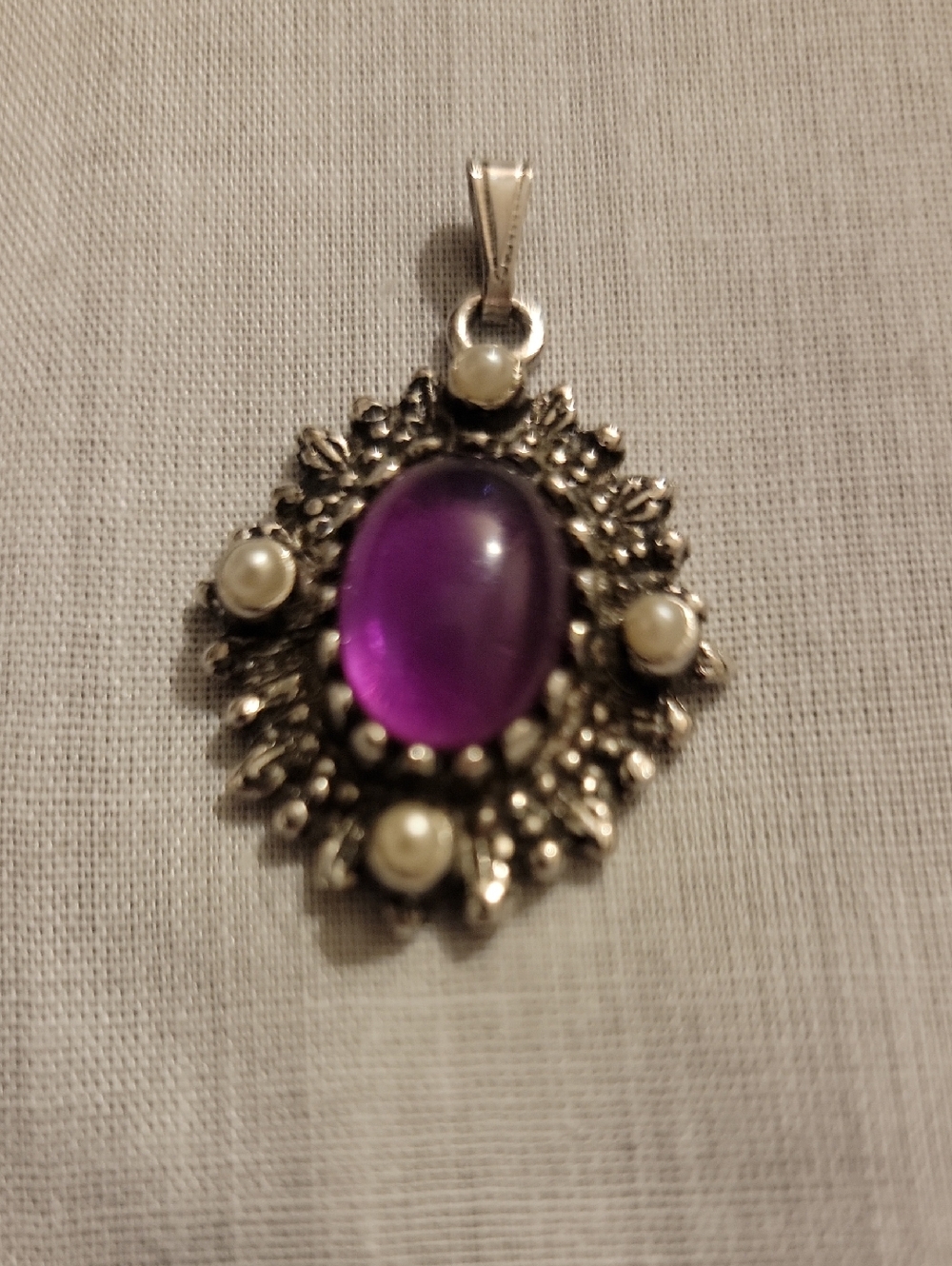 Sarah Coventry Purple Cabochon Pendant with Pearl Accents